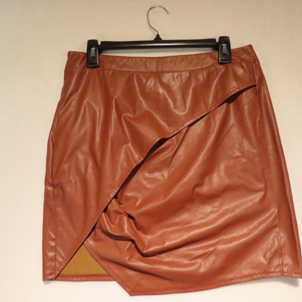 August Moon Boutique Faux Leather Asymmetrical Wrap Mini Skirt Large Cognac NWT